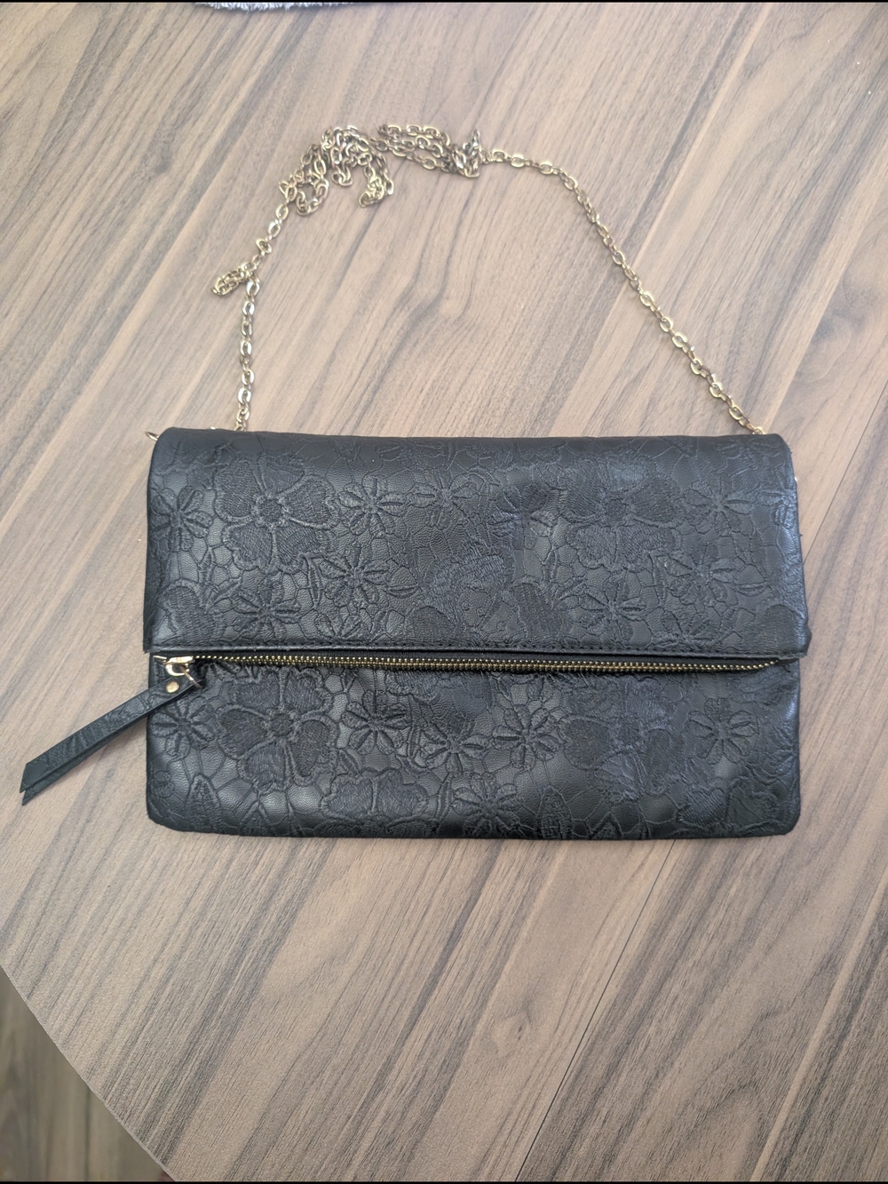 Urban Expressions Black Floral-Embossed Chain Crossbody Clutch